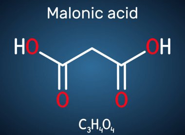 Malonik asit, dikarboksilik, propandiyonik asit molekülü. İyonlaştırılmış ester ve tuzu, malonat olarak bilinir. Koyu mavi arkaplanda yapısal kimyasal formül. Vektör illüstrasyonu