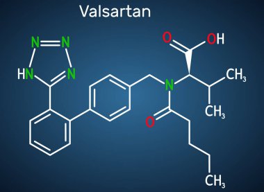 Valsartan molekülü. Yüksek tansiyonu ve kalp yetmezliğini tedavi etmek için kullanılır. Koyu mavi arkaplanda yapısal kimyasal formül. Vektör illüstrasyonu