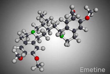Emetine molekülü. Anti protozoal bir madde ve kusturucu. Moleküler model.