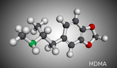 3,4-Metilenedioksimetamfetamin, MDMA, XTC, ecstasy molekülü. Psikoaktif, halüsinojen bir ilaç. Moleküler model