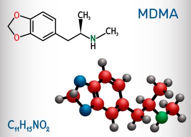3,4-Methylenedioxymethamphetamine, MDMA, XTC, ecstasy molecule. It is psychoactive, hallucinogen drug. Structural chemical formula and molecule model clipart