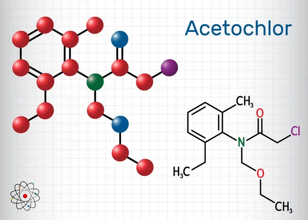 Molécula de acetocloro. Es cloroacetanilida, herbicida, un xenobiótico y un contaminante ambiental. Fórmula química estructural y modelo molecular. Hoja de papel en una jaula — Vector de stock