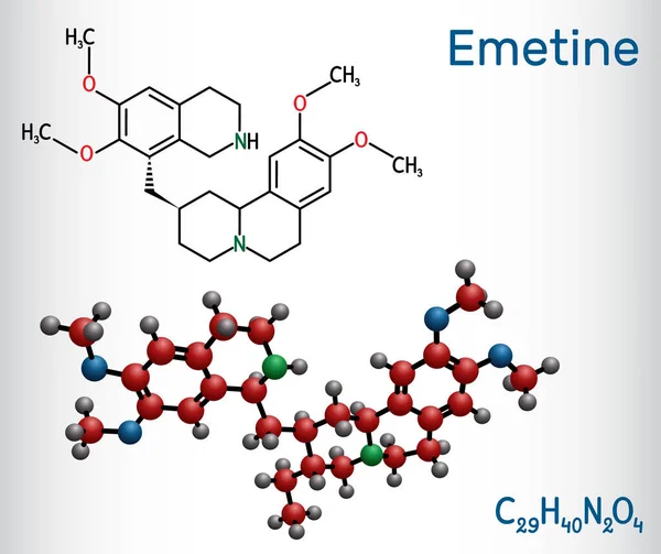 Molécula de Emetine. Es un agente antiprotozoario y emético. Fórmula química estructural y modelo molecular — Vector de stock