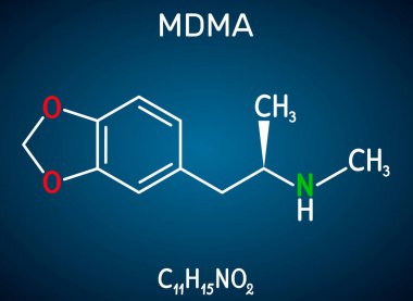 3,4-Metilenedioksimetamfetamin, MDMA, XTC, ecstasy molekülü. Psikoaktif, halüsinojen bir ilaç. Koyu mavi arkaplanda yapısal kimyasal formül. Vektör illüstrasyonu