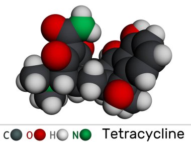 Tetrasiklin ilaç molekülü. Çok çeşitli enfeksiyonları tedavi etmek için kullanılan bir antibiyotiktir. Moleküler model. 3 boyutlu görüntüleme. Görüntü