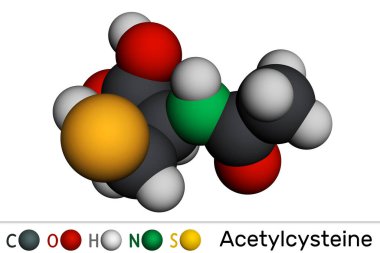 Acetylcysteine, N-acetylcysteine, NAC drug molecule. It is an antioxidant and glutathione inducer. Molecular model. 3D rendering. Illustration clipart