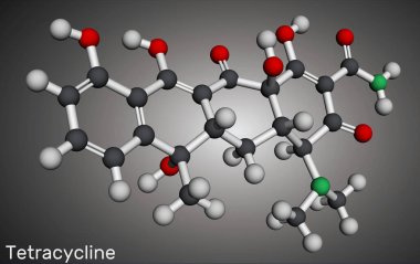 Tetrasiklin ilaç molekülü. Çok çeşitli enfeksiyonları tedavi etmek için kullanılan bir antibiyotiktir. Moleküler model. 3 boyutlu görüntüleme. Görüntü