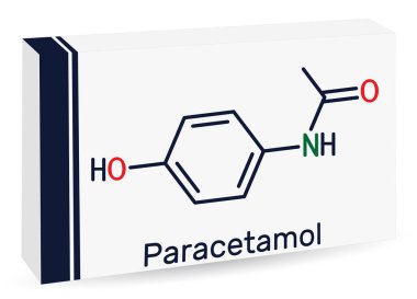 Parasetamol, asetaminofen molekülü. Bu bir opioid olmayan ağrı kesici ve anti-piretik etken. İskelet kimyasal formülü. Uyuşturucu için kağıt ambalaj. Vektör illüstrasyonu