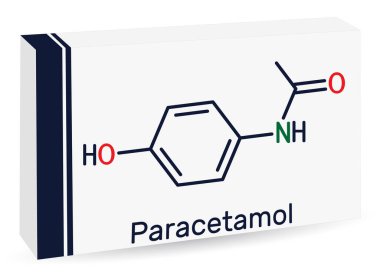 Paracetamol, acetaminophen molecule. It is is a non-opioid analgesic and antipyretic agent. Skeletal chemical formula. Paper packaging for drugs. Vector illustration clipart