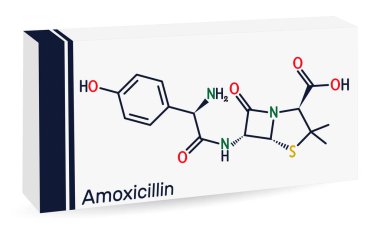 Amoxicillin drug molecule. It is beta-lactam antibiotic. Skeletal chemical formula. Paper packaging for drugs. Vector illustration clipart