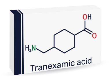 Tranexamic asit, TXA molekülü. Bu antifibrinolitik. İskelet kimyasal formülü. Uyuşturucu için kağıt ambalaj. Vektör illüstrasyonu 