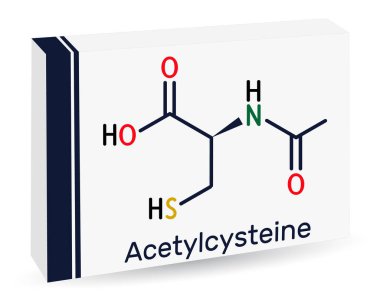 Acetylcysteine, N-acetylcysteine, NAC drug molecule. It is an antioxidant and glutathione inducer. Skeletal chemical formula. Paper packaging for drugs. Vector illustration clipart