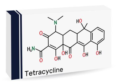 Tetrasiklin ilaç molekülü. Çok çeşitli enfeksiyonları tedavi etmek için kullanılan bir antibiyotiktir. İskelet kimyasal formülü. Uyuşturucu için kağıt ambalaj. Vektör illüstrasyonu