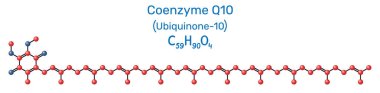 Koenzim Q10 (Ubiquinone-10, CoQ10) molekülü. Top ve sopa modeli, antioksidan ve mitokondriyal kofaktör, elektron taşıyıcı