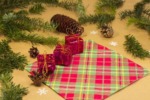 Noel Hediyeleri Noel Ağaçları Kırmızı Packin Kutuları Dal — Stok fotoğraf