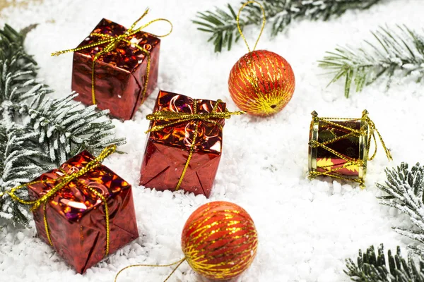 New Year Toys Stump Snow Fir Branches — Stock Photo, Image