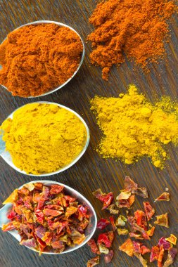 Kaşık üzerinde zemin baharatlar: kırmızı biber, zerdeçal ve yaprakları kırmızı biber masada