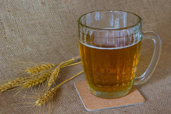 Glas Bierkrug Vorhanden Weizenstacheln Auf Säcken — Stockfoto