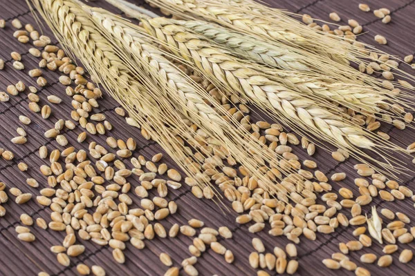 Spikelets Wheat Wheat Grains Brown Background Top View — Stock Photo, Image