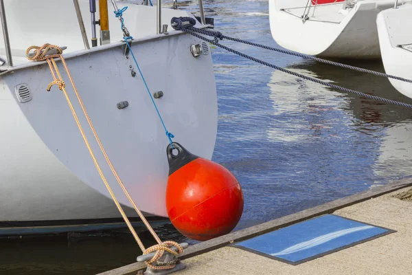 Red Color Fender Hangs Stern White Yacht Part Frame — Stock Photo, Image