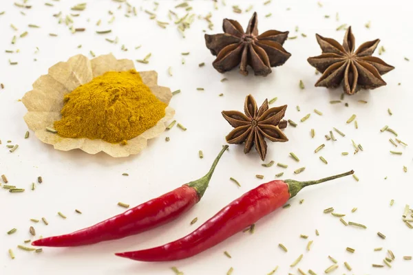 Peperoncino Anice Stellato Rosmarino Curcuma Fondo Bianco — Foto Stock