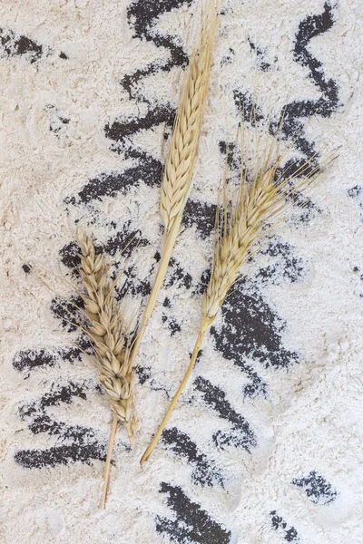 Weizenspitzen auf verschüttetem Mehl. Ansicht von oben — Stockfoto