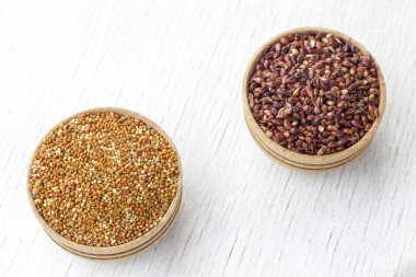 Beyaz arka plan üzerinde kırmızı ve sarı darı ile iki kutu