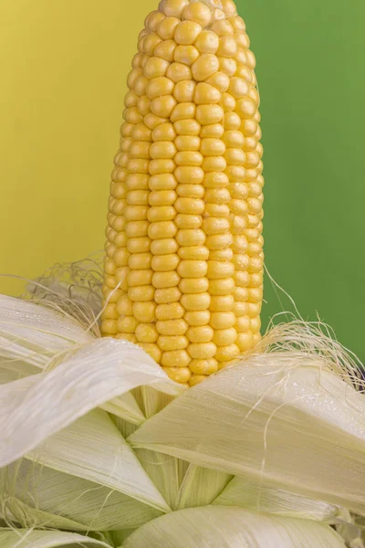 Сырая кукуруза на початках с зелеными листьями и кукурузными стигмами — стоковое фото