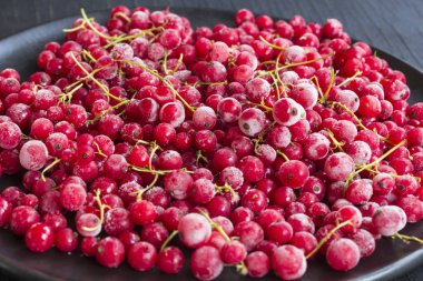 Siyah bir arka plan üzerinde siyah bir tabakta dondurulmuş kırmızı kuş üzümü