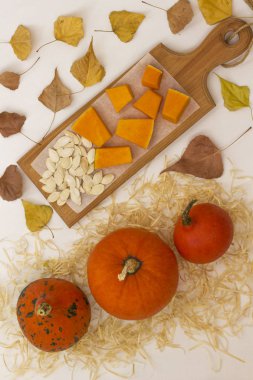 Bir pipet üzerinde portakal kabakları, sonbahar yaprakları. Tohumlar ve doğranmış balkabağı. Açık arka plan