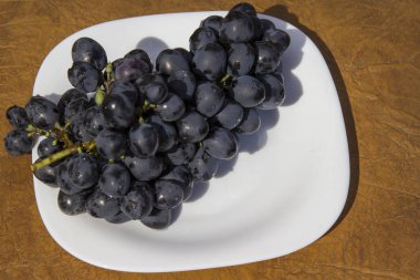 Beyaz tabakta bir demet siyah üzüm