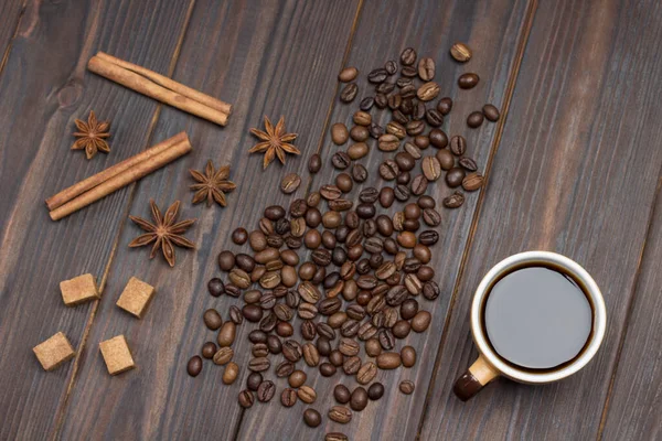 Coffee Cup Grains Coffee Star Anise Pieces Brown Sugar Table — Stock Photo, Image