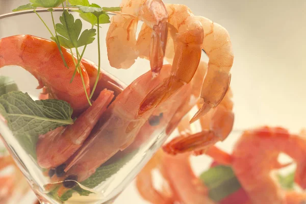 Wine Glasses Shrimp Close Organic Healthy Nutrition — Stock Photo, Image