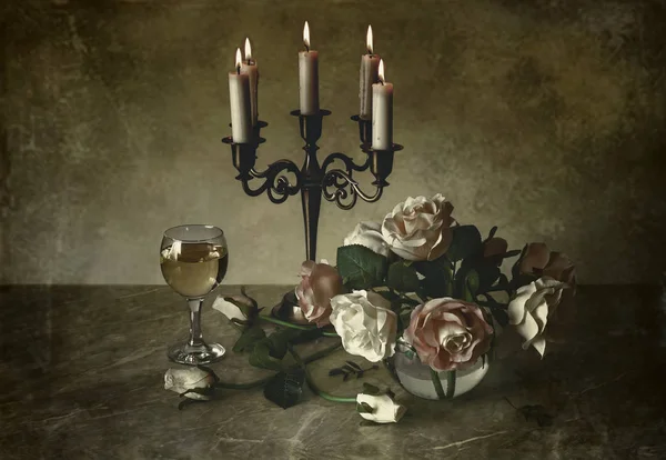 Stillleben Kerzen Rosen Wein — Stockfoto