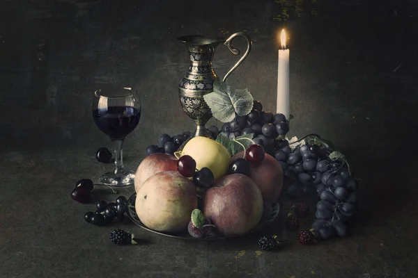 Stillleben Wein Und Obst Alten Stil — Stockfoto