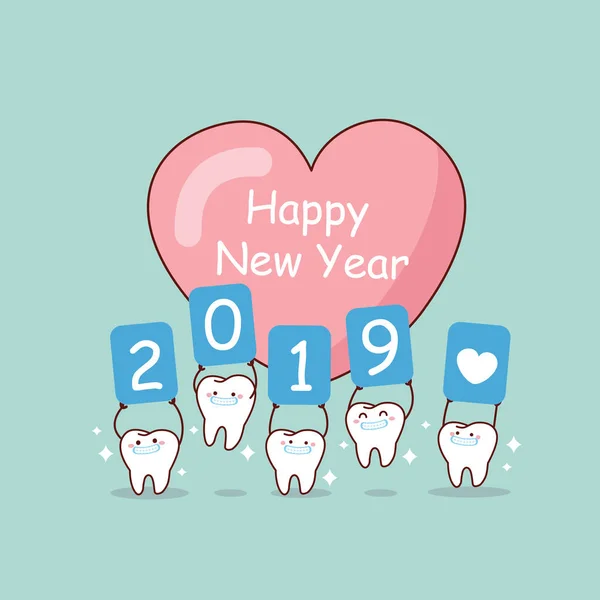 Happy New Year Cute Cartoon Tooth Hold 2019 Billboard — Stock Vector