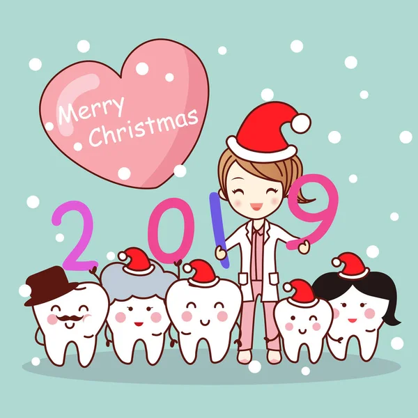 Frohes Neues Jahr Mit Niedlichen Cartoon Zahnarzt Und Zahnfamilie — Stockvektor