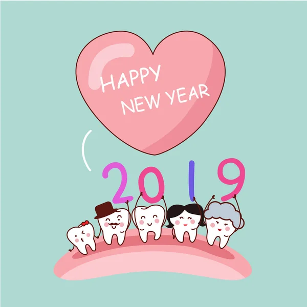 Happy New Year 2019 Cartoon Tooth Family — Stock Vector