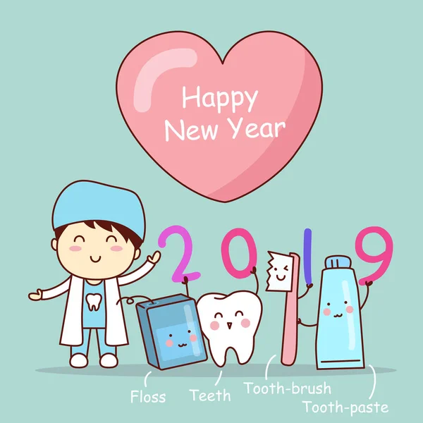 Frohes Neues Jahr Und Niedliche Karikatur Zahnarzt Mit Zahnbürste — Stockvektor