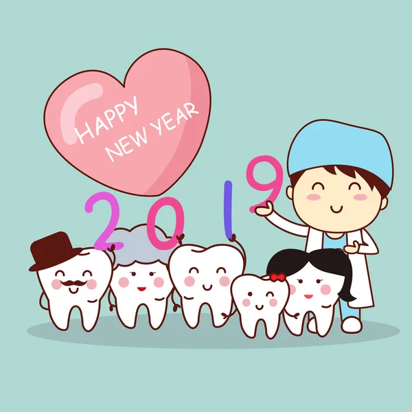 愉快的新年与可爱的动画片牙医和牙齿家庭 — 图库矢量图片