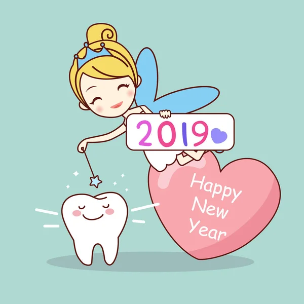 Frohes Neues Jahr Konzept Niedlicher Cartoon Zahn Mit Zahnfee — Stockvektor