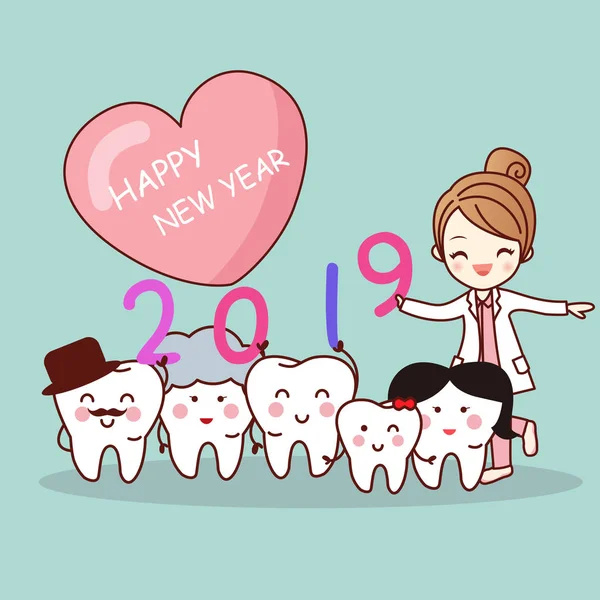 かわいい漫画の歯科医や歯の家族と幸せな新年 ストックベクター
