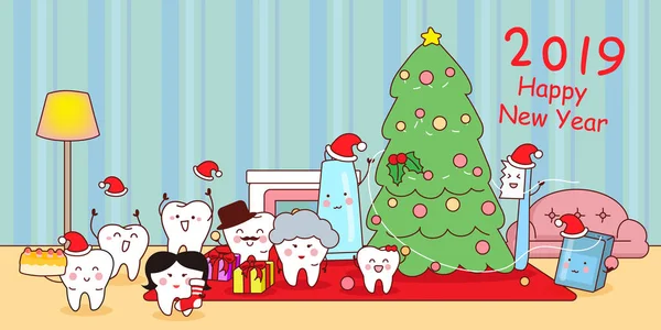 Feliz Bonito Desenho Animado Dente Família Celebrar Natal Vetores De Bancos De Imagens