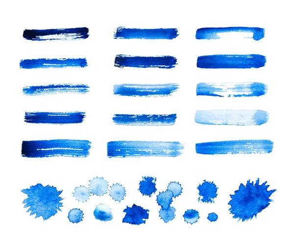 Conjunto Traços Aquarela Abstrata Azul Manchas Isoladas Fundo Branco — Fotografia de Stock