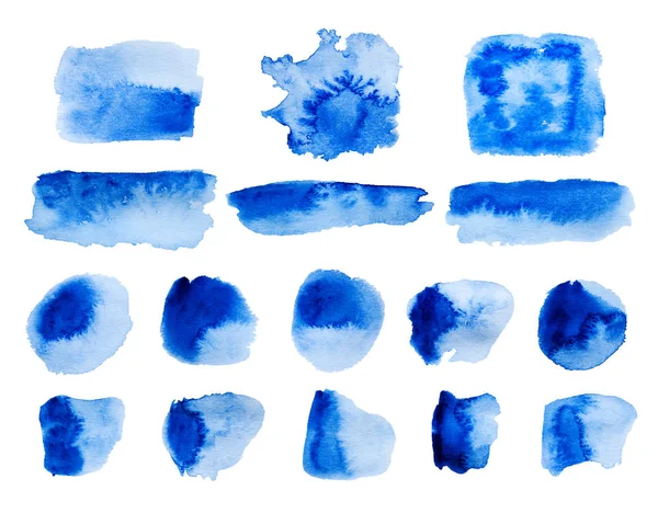 Set Blue Abstract Watercolor Strokes Stains Isolated White Background — Stock Photo, Image