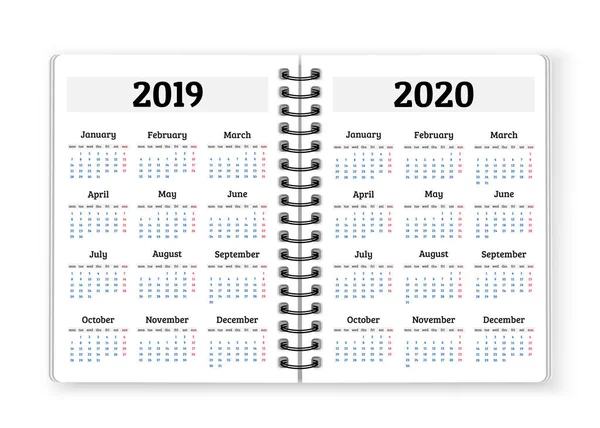 Ανοίξτε Σημειωματάριο Χαρτί Ημερολόγια Για 2019 2020 Έτη Διάνυσμα Φόντο — Διανυσματικό Αρχείο
