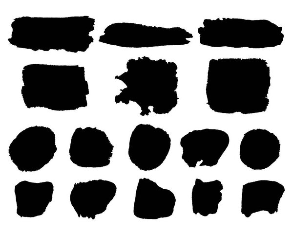 Векторный набор черной краски, чернил, кистей, линий, пятен, выделенных на белом фоне

