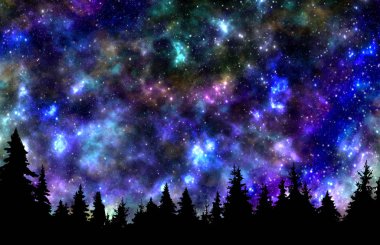 Gece gökyüzünde yıldızlar ve ağaçlar doğa arka plan ile