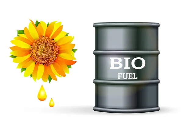 金属桶与生物燃料和向日葵滴油在白色背景向量 生物燃料工厂概念 — 图库矢量图片