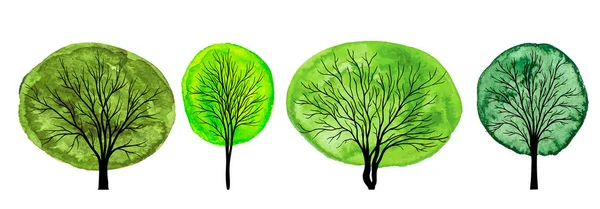 Ensemble Arbres Feuillage Aquarelle Vert Isolé Sur Fond Blanc Vecteur — Image vectorielle